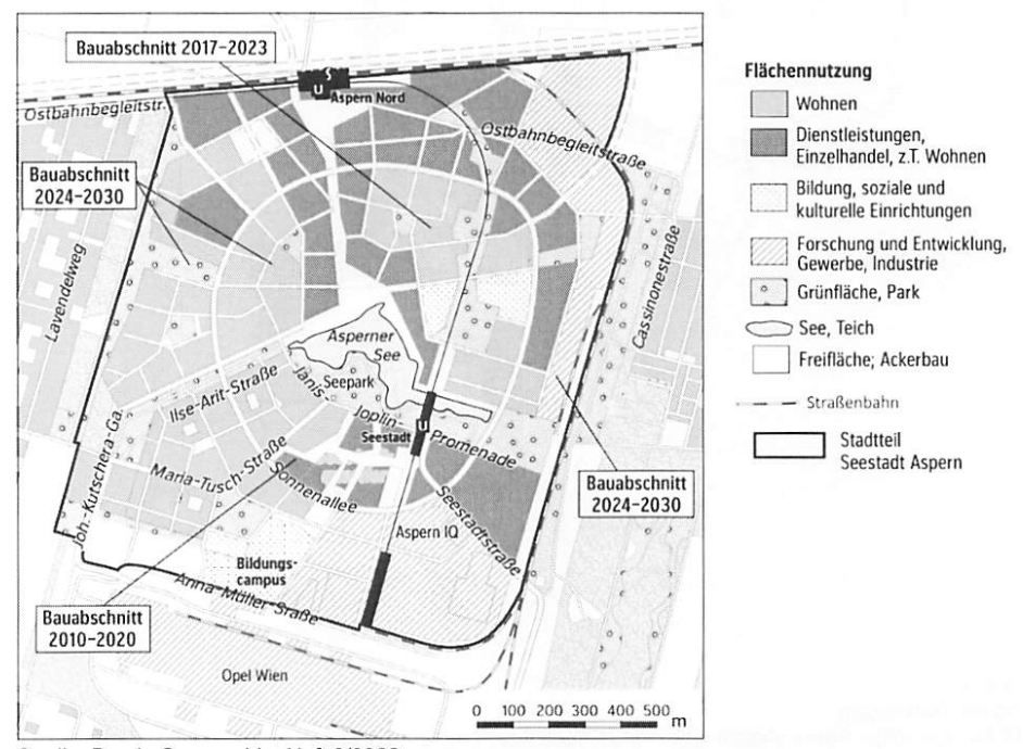 Stadtplan der Seestadt Aspern mit Bauabschnitten und Flächennutzung.